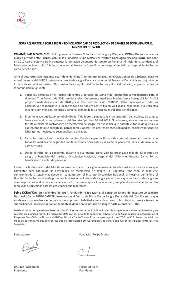 donavidapanama's tweet photo. Nota aclaratoria sobre suspensión de actividad de recolección de sangre de DonaVida por el Ministerio de Salud. https://t.co/Ic9AIAmuOL