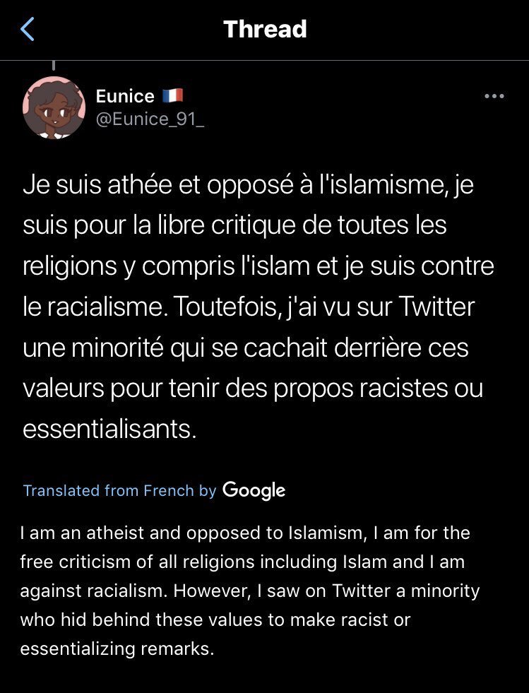 <thread >Why you should not believe "ex-muslims"A white French guy made a fake account pretending to be an "ex-muslim" girl, where he invented stories about being "abused by Islam"He admitted this was a hoax and none of the stories were true. This is a reoccurring theme".