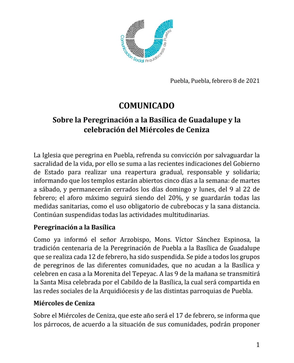Arqui_Puebla's tweet photo. #COMUNICADO | Sobre la Peregrinación a la Basílica de Guadalupe y la celebración del Miércoles de Ceniza. https://t.co/QRXLWPmPDL