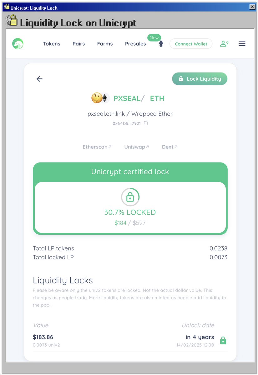 DeFi3dot0's tweet photo. $PXSEAL - Liquidity Locked for 4 Years
https://t.co/7R72MfMQKv https://t.co/tOhMtyyuxP