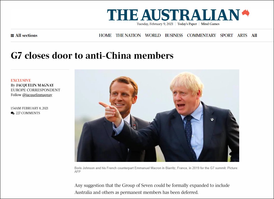 "Consideration to convert G7 into D10 has been paused, sources have told The Australian, as ­Britain instead focuses on developing smaller quadrilateral ­relationships to drive nimble ­responses." https://www.theaustralian.com.au/world/g7-closes-door-to-antichina-members/news-story/8505de28117c317796a9ef4874da0b0f