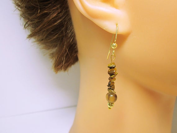 Tigers Eye Stacked #Earrings Tigers Eye Polished Stones Gold Pin And Hooks Tigers Eye Dangles Gift For Her #JEWELRY EARRINGS #beaded #fashion #handmade