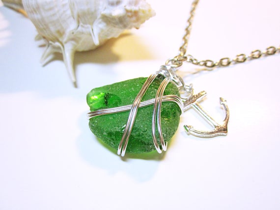 Green Wire Wrapped Sea Glass Pendant Silver Anchor Green Sea Glass Necklace #Gift Idea For Her #Nautical Jewelry SEA GLASS PENDANTS #seaglaspendant #nauticalnecklce #giftidea #giftforher #fashion #seaglass