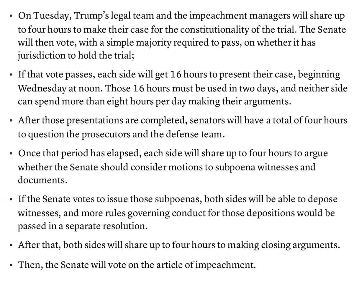 girlsreallyrule's tweet photo. In case you are unsure about how to plan the rest of your week based on the impeachment trial, here is a great guide to the process from Schumer's office.

➞ Tues-trial starts 1pm/ET, goes for 4hrs
➞ Wed-marathon
➞ Thurs-marathon
➞ Friday-presentations conclude by noon https://t.co/QkH9s8e964