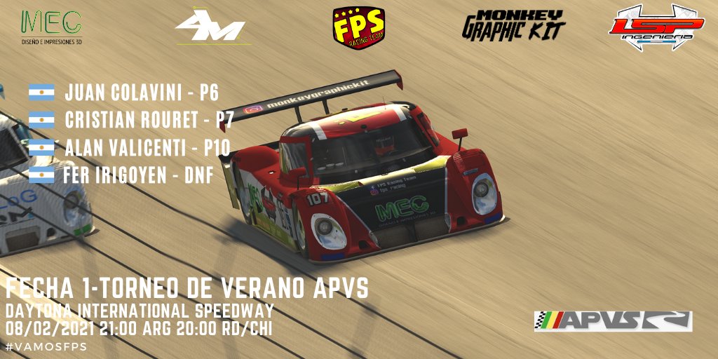 🏁BANDERA A CUADROS🏁

Carrera difícil, después de clasificar P1 y P2, contactos con terceros relegaron nuestros pilotos. A pasar la página y pensar en la próxima. 

<a href="/jac_013/">Juan Colavini</a> P6
<a href="/crouret/">Cristian Rouret INJ🔥</a>  P7
<a href="/alitomv/">Alan Valicenti</a> P10
#FerIrigoyen DNF

#VamosFPS

Sponsors:
#AMePhoto
#Mec3D
#LSPIng
#MGKit