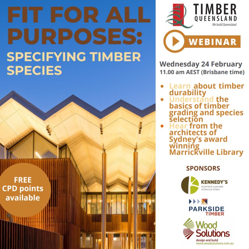 WoodSolutionsTT's tweet image. Timber Queensland is organising a free Technical Webinar – Fit for Purpose: specifying timber species. You can register and view the program here us02web.zoom.us/webinar/regist… #timberspecies #timberprojects #webinars