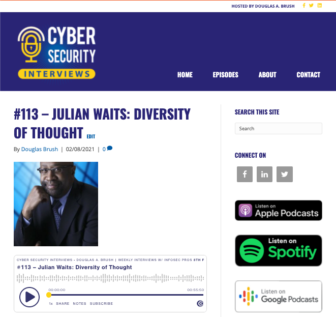 Ep. 113 is out with <a href="/JulianWaits/">Julian Waits</a> from <a href="/devo_Inc/">Devo</a>!   cybersecurityinterviews.com/episodes/113-j… We discuss missing travel, working more in #COVID19, recruiting from non-traditional places, #DiversityAndInclusion, removing unconscious biases, his mentors, why language matters, and so much more!