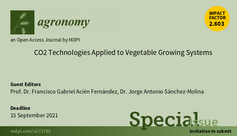 🥳Special Issue “CO2 Technologies Applied to Vegetable Growing Systems"
👉Edited by Prof. Dr. Francisco Gabriel Acién Fernández and Dr. Jorge Antonio Sánchez-Molina 
📌Submission deadline 15 September 2021. 
mdpi.com/journal/agrono…