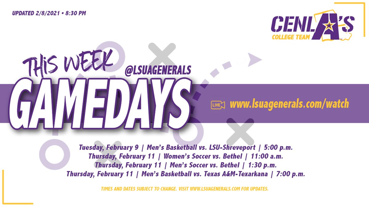 lsuagenerals's tweet photo. Home action this week features two @LSUAhoops games and an @LSUAsoccer men's/women's DH. Check out the action online at https://t.co/qij7d9LrHU or join us at the LSUA soccer complex. #bringyourAgame #bringyourmask https://t.co/pS0AotTdbC