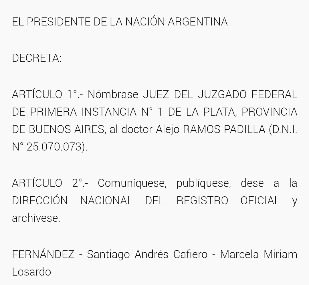 blogdelderecho's tweet photo. AHORA | Se publicó el decreto 81/2021 por el que se designa al doctor Alejo Ramos Padilla como titular del Juzgado Federal N° 1 de La Plata. https://t.co/JFGLckZydA