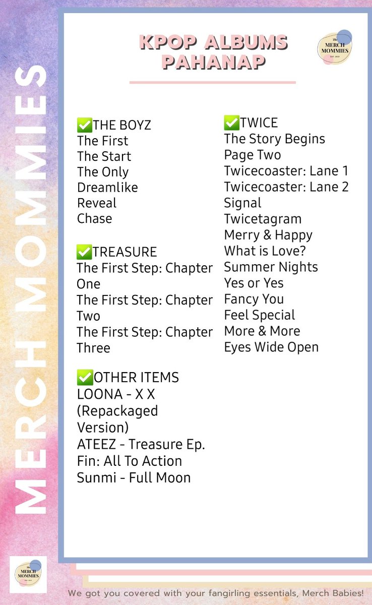 MerchMommies's tweet photo. ❗ PLS HELP RT ❗
✨ PAHANAP ALBUMS ✨
#MMfinds #pahanap
₱300 for unsealed
(may choose version)
₱550 for sealed
(random versions)
- Long ETA (May-July)
- DOO: March 8
- DOP: March 13
- Unlimited Slots
Order form: https://t.co/X4EzMX52Yx https://t.co/1TDyTkAcdw