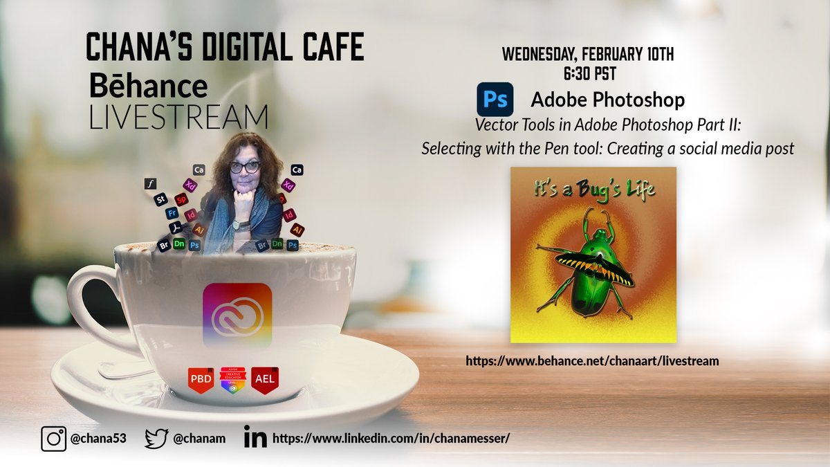 Chanam's tweet photo. Wednesday, Feb 10th. 6:30 PM, PST.
Vector Tools in Adobe Photoshop Part II: 
Selecting with the Pen tool: Creating a social media post
#AdobeEduCreative   
#CreateEDU
https://t.co/0RMrIzJwJE
@kreatable @AdobeForEdu @SebastianBleak @Drew_kav @Photoshop @MsClaraGalan https://t.co/T4uSQfdQzC