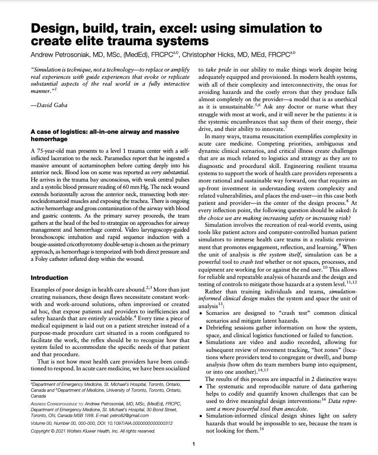 petrosoniak's tweet photo. Design, build, train, excel: using #simulation to create elite trauma systems

@HumanFact0rz &amp; I describe our approach to designing new trauma resuscitation environments &amp; the systems within them. Using simulation-informed design &amp; human-centered design
 
https://t.co/ZAYwC0C6Rm https://t.co/esHMnYLSOL
