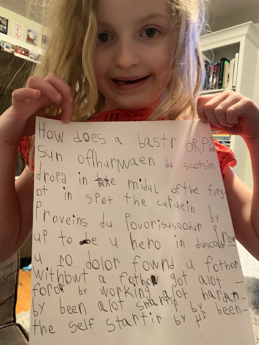MsKurto's tweet photo. What do we think, later alphabetic phase!?  Haha.  The 6 yr old is REALLY into @HamiltonMusical !  She’s been writing down all the words of #AlexanderHamilton, I’m sure any fans will appreciate the level of detail of some of her words like Poverisisquodor (poverty and squalor) 😂 https://t.co/4orWXCZLsG