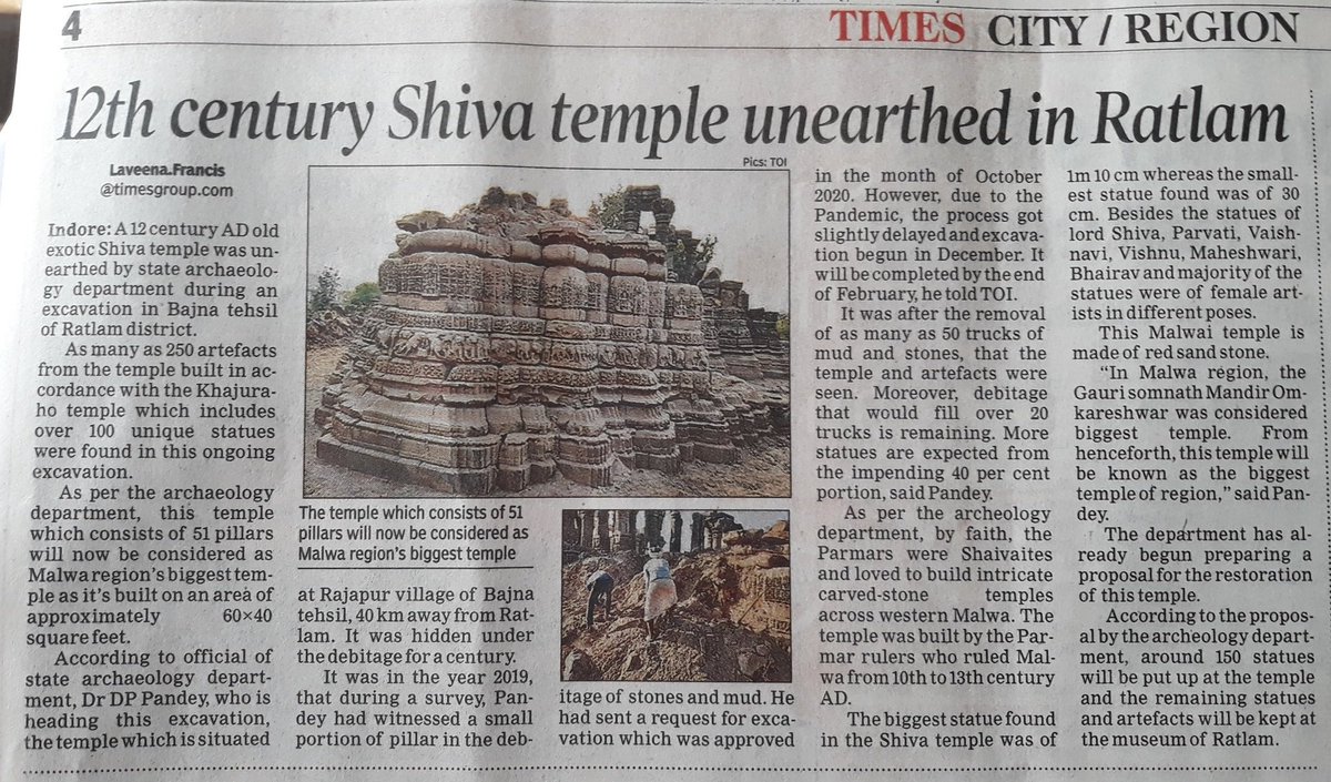 12th Century Shiva Temple; This will be the biggest Temple of Malwa Region; Times of India;Region;Page 4;Indore Edition 9.2.2021