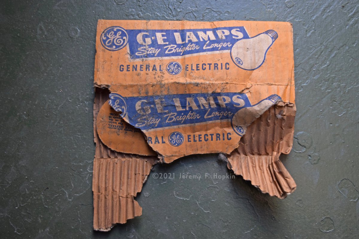 G.E. Lamps, c.1950s. Fairly certain we also found all of the spent lightbulbs that were once contained in these cardboard boxes.