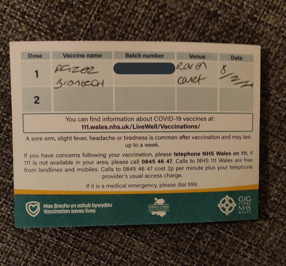 Ross Upton (@upton_ross) on Twitter photo First dose ☑️. Well done <a href="/CwmTafMorgannwg/">Cwm Taf Morgannwg University Health Board</a>, a very organised vaccine centre in Bridgend ! Staff were great. Looking forward to getting Dose 2 soon. <a href="/WelshGovernment/">Welsh Government</a> #CovidVaccine #PfizerBioNTech #TeamWAST First dose ☑️. Well done <a href="/CwmTafMorgannwg/">Cwm Taf Morgannwg University Health Board</a>, a very organised vaccine centre in Bridgend ! Staff were great. Looking forward to getting Dose 2 soon. <a href="/WelshGovernment/">Welsh Government</a> #CovidVaccine #PfizerBioNTech #TeamWAST