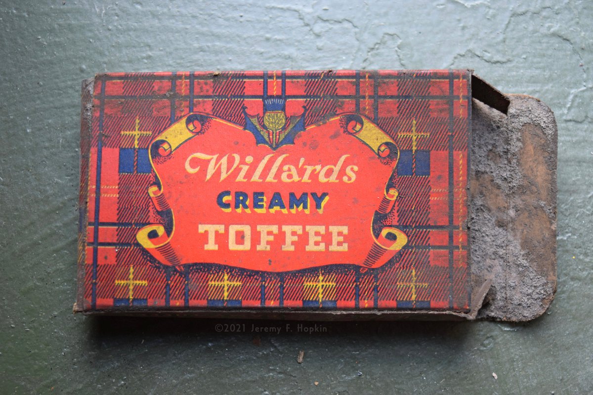 Willards Creamy Toffee cardboard box, c.1930s. The only food package that we found that day; seems that most people went up to the attic to have a smoke, not to eat. Willards was once a large confectionary company centred in Toronto which also had its own dairy business.