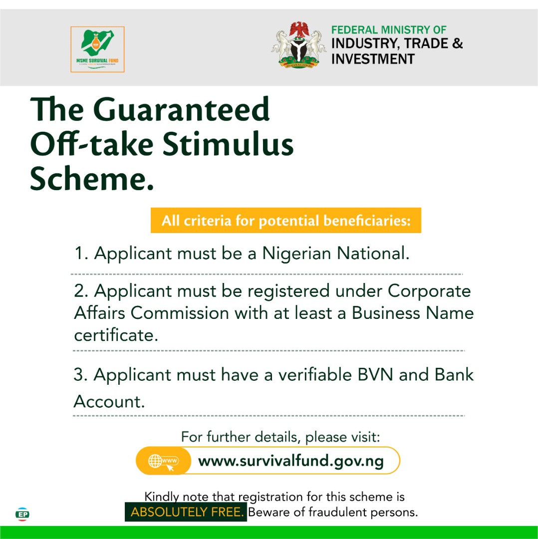 MustaphaOlatu19's tweet photo. All potential beneficiaries of #GuaranteedOfftake must meet the following criteria:
1.Applicant must be a Nigerian Citizen.
2.Applicant must be registered under CAC with at least a Business Name certificate
3.Applicant must have a verifiable BVN& Bank A/C
#ESPIsWorking https://t.co/npSLNSK8ZI