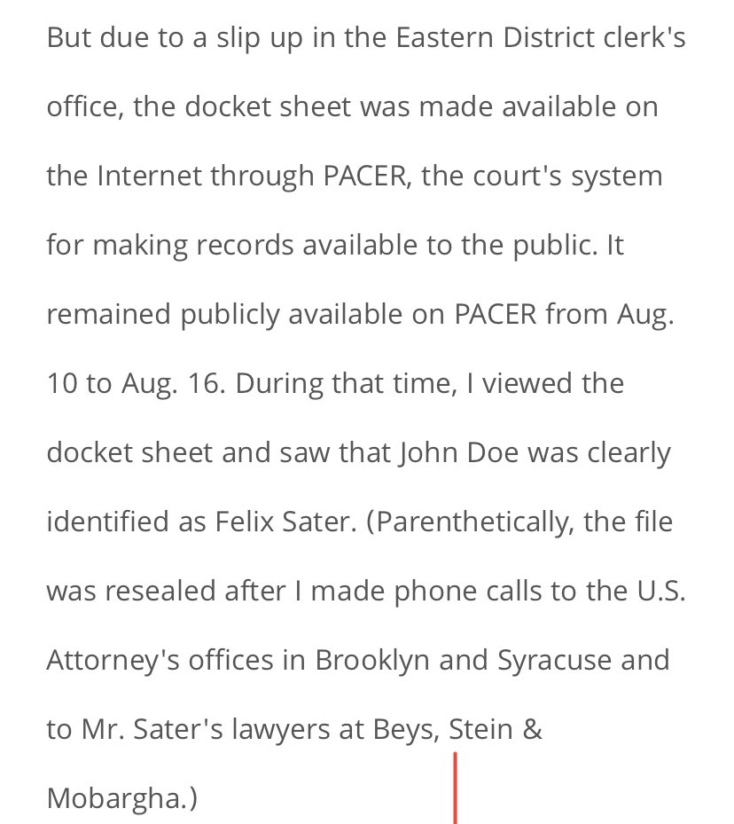 At this point, I’m uncovering articles on “John Doe” from 2012 actually naming Felix Sater because if you recall from old threads, an “error” by the courts released John Doe’s name to world for 6 days by this point.  https://www.nyrealestatelawblog.com/manhattan-litigation-blog/2012/august/john-doe-felix-sater/