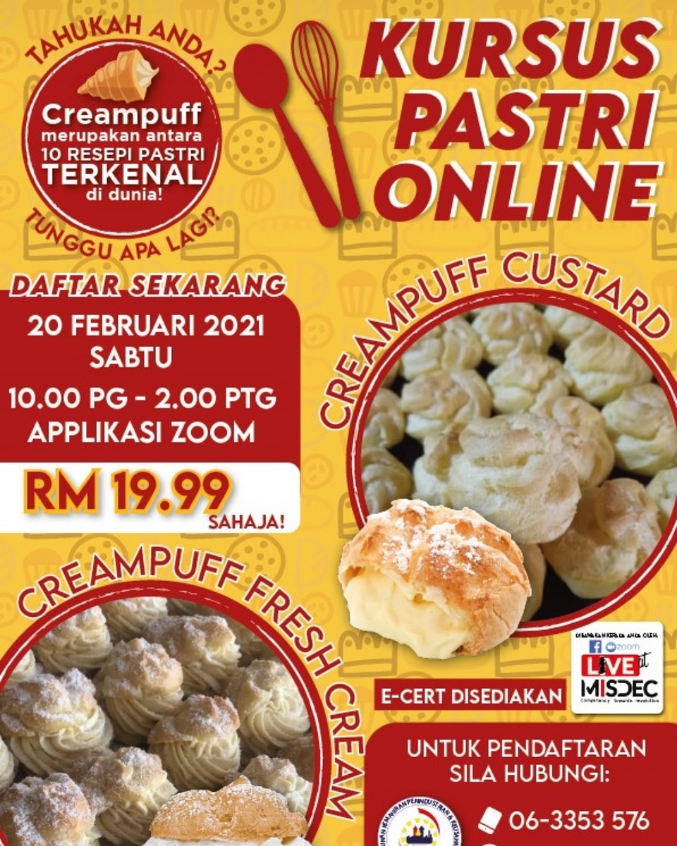 🥧🍰[KURSUS PASTRI ONLINE]

💻Kursus Pastri Online
⏰ Tarikh: 20 Februari 2021 Sabtu | 10:00am - 2:00pm
💵 Bayaran : RM 19.99 sahaja!
E-Certificate disediakan!

Pendaftaran isi google form 👇
forms.gle/U95s5phuueecDk…

#misdec #misdeclah #kitajagakita