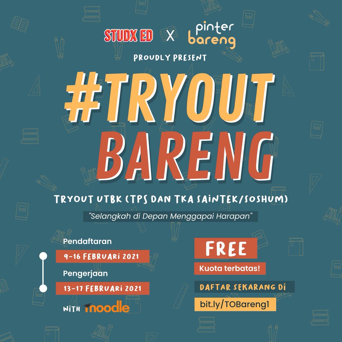 pinterbareng_id's tweet image. ❗❗TRY OUT GRATIS❗❗

StudX ED × PinterBareng proudly present, 

‼ TRY OUT BARENG‼ 

&quot;TryOut UTBK (TPS &amp;amp; TKA Saintek/Soshum) : Selangkah di Depan Menggapai Harapan&quot;