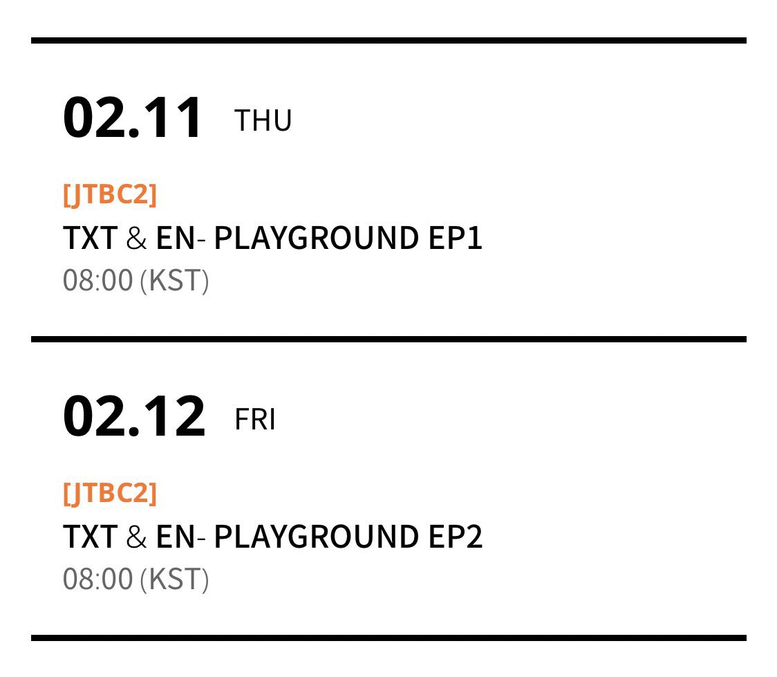 hypelocks's tweet photo. TXT &amp; ENHYPEN SCHEDULE!

Playground ep 1 &amp; 2.
02.11 THU - 02.12 FRI 
08.00 KST. https://t.co/7ATteRHX4A