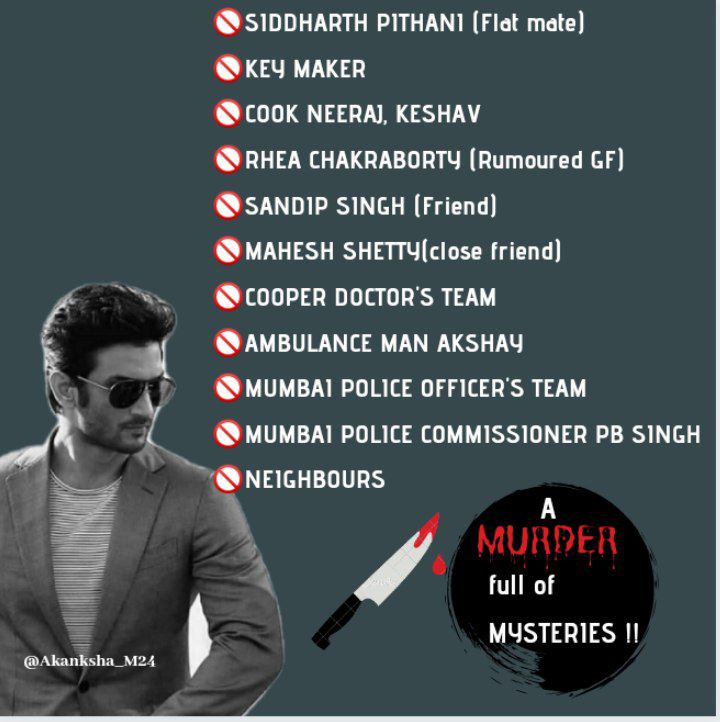 🚫Siddharth Pithani (Flat Mate) 🚫Cook Neeraj, Keshav 🚫Rhea Chakraborty (So called GF) 🚫Sandip Singh (So called Dost) 🚫Mahesh Shetty (So called Best Frnd who is still silent) 🚫So called Doctors of Cooper (Who were juniors & new learners) Many more! Truth of Disha SSR Murder