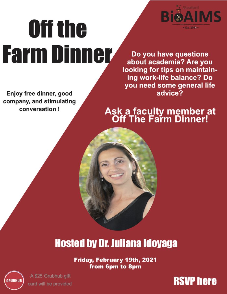 Have questions about academia? Looking for tips on maintaining work-life balance? Need some general life advice? Ask a faculty member at our Off the Farm Dinner!
Join us for a virtual dinner with Professor Juliana Idoyaga next Fri, Feb 19 from 6-8pm.
RSVP: docs.google.com/forms/d/e/1FAI…