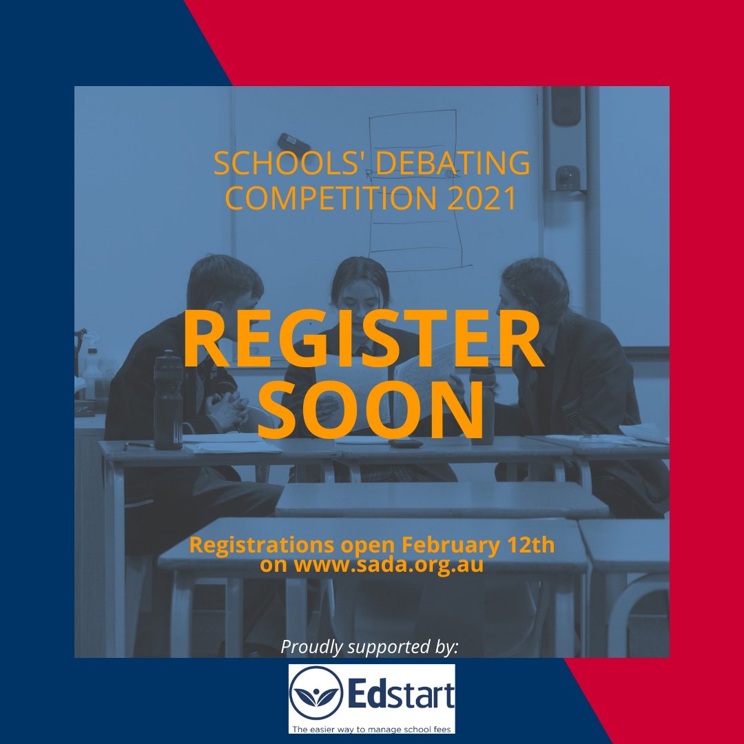 SADebatingAssoc's tweet photo. ATTN ALL SCHOOLS’ COORDINATORS: Registrations for the 2021 Schools’ Debating Competition will open on our website Friday February 12th!! 🗣🗣 For more information check out our facebook and instagram page. https://t.co/SkbluIDMS6
