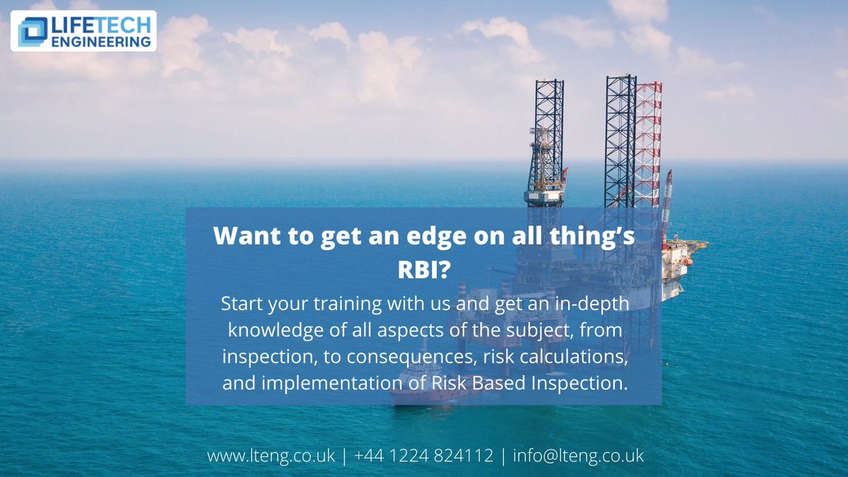 LifeTechEng's tweet image. Want to get an edge on all thing's RBI?

Start your training with us and get an in-depth knowledge of all aspects of the subject, from inspection, to consequences, risk calculations, and implementation of Risk Based Inspection. #rbi #riskbasedinspection #lteng #oilandgasservices