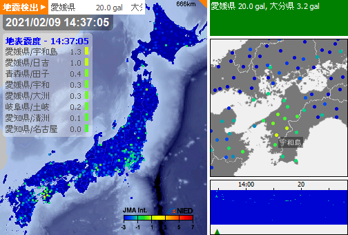 強震モニタ 14 37 09 Jst 第2報 検出 14 37 09 推定震度 1 3 愛媛県 0gal 大分県 3 2gal Earthquake Breaking News Travel Explore