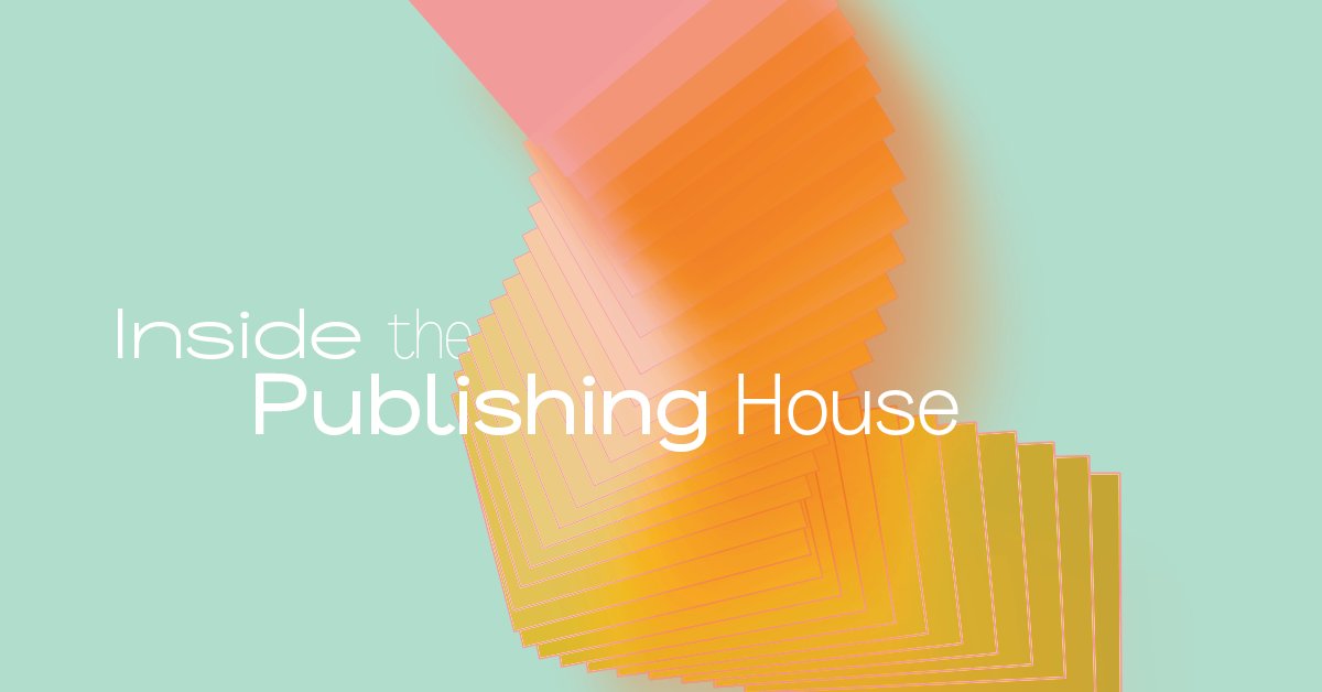 A mint green background with a collection of squares overlapping in orange. The text says 'Inside the Publishing House'
