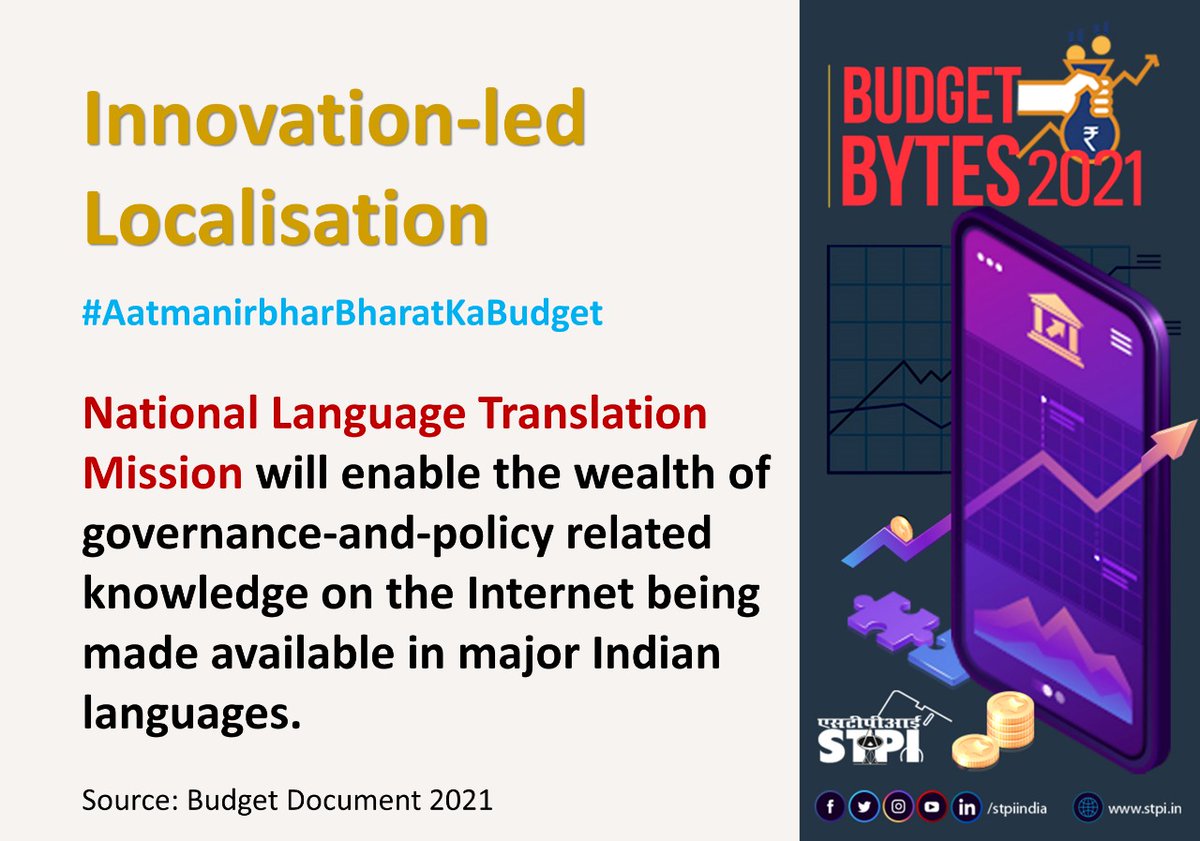 STPI_Durgapur's tweet photo. Formation of #NationalLanguageTranslationMission is a ground-breaking initiative towards expanding the reach of #egovernance &amp; policy centric knowledge dissemination to all the citizens in major Indian languages while bolstering inclusion. #AatmanirbharBharatKaBudget #Budget2021 https://t.co/ff8YGKkZ4p