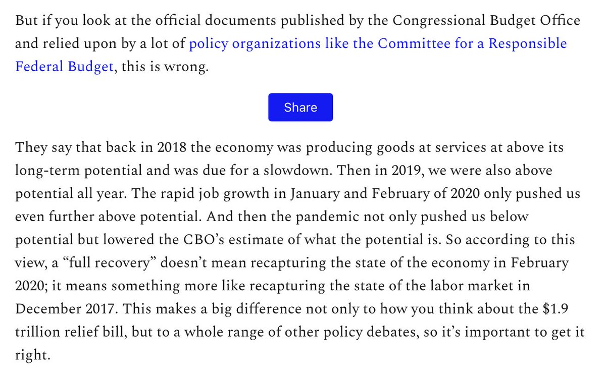 If you think, as the CBO does, that our aim should be to restore the 2017 labor market then $1.9 trillion really does look too big.But if you want to get the February 2020 labor market back then it's if anything too small. https://www.slowboring.com/p/full-employment