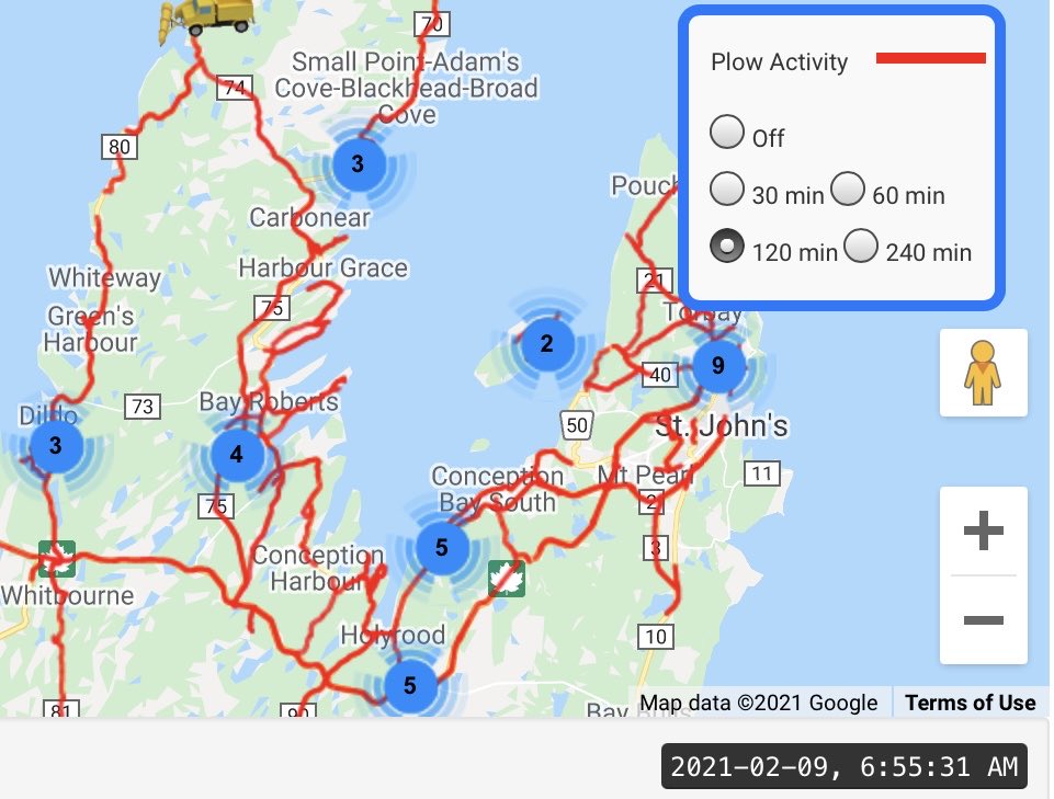 TI_GovNL's tweet photo. Current view of plow activity on parts of the Avalon. 

Expect some icy patches and slushy sections this morning. 

More details on https://t.co/y9b28nLQKx and the 511 app. #nltraffic #nlwx https://t.co/7c6mtB6Qlf