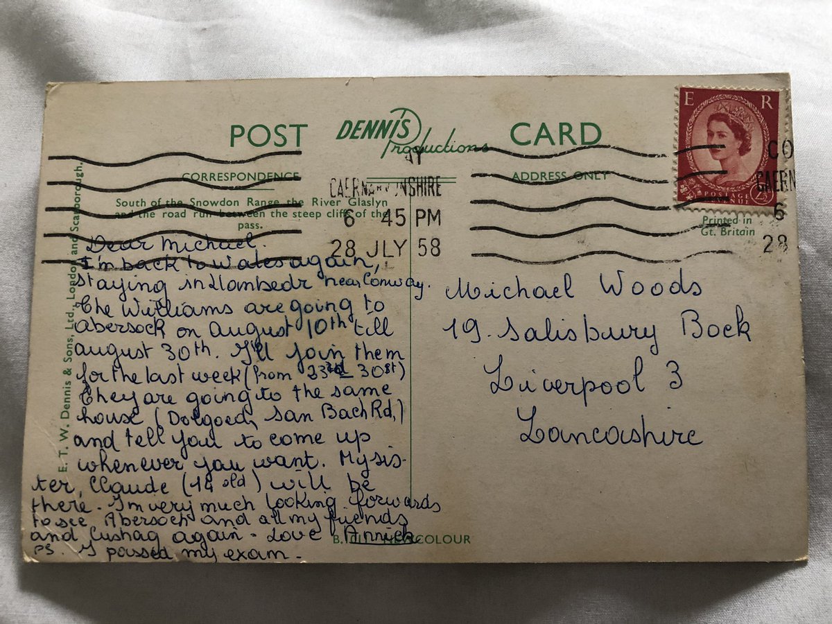 SarahWoods66's tweet photo. My father was a Liverpool dockmaster’s son. In the 1950s my grandparents had a boat ‘Cushag’ moored in Abersoch. I have just found this postcard amongst my dad’s things. He would have been 16 at the time- funny how the card has found its way home to the Glaslyn Valley #Snowdonia https://t.co/oiGrVjq58o