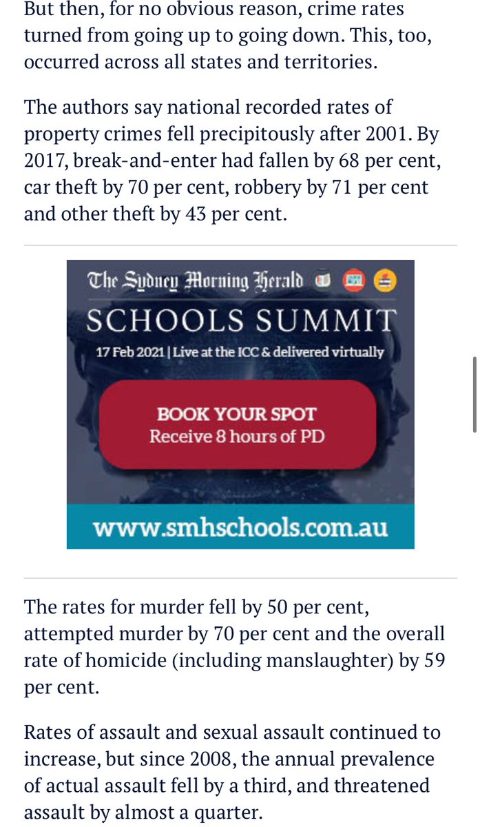 New book looks at why violent crime has reduced so much in  after increasing thru’ the 1970s-90s - the overall homicide rate fell by 59% in the first 2 decades of the 21stC! - & links this to (amongst other things) reduced alcohol use amongst young ppl https://www.smh.com.au/business/the-economy/it-s-time-to-salute-the-great-crime-decline-20210202-p56ynw.html