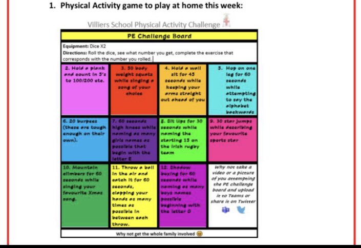 PeVilliers's tweet photo. Check out some activity ideas that Junior Cycle PE students have been participating in this week. Why not have a go with the family. #stayactive #villiersfamily https://t.co/9RqMu60j1R