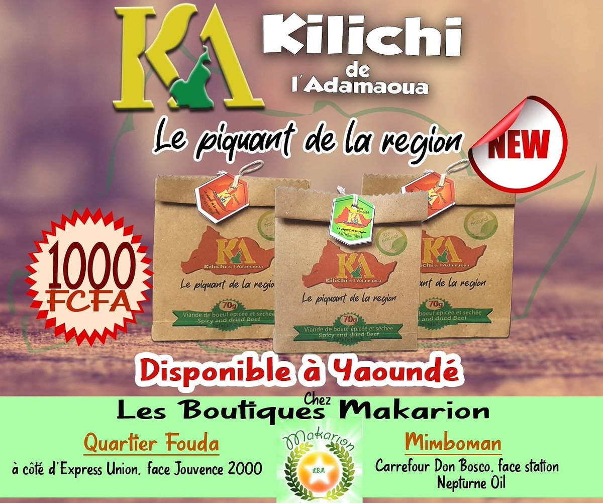 KilichiA's tweet photo. Retrouvez L'AUTHENTIQUE #KILICHI de l'Adamaoua dans Les Boutiques Makarion à #Yaoundé véritable carrefour de la distribution de #MadeInCameroon et du #madeinafrica 💪🇨🇲🇨🇲 https://t.co/eTyRMir1Jg