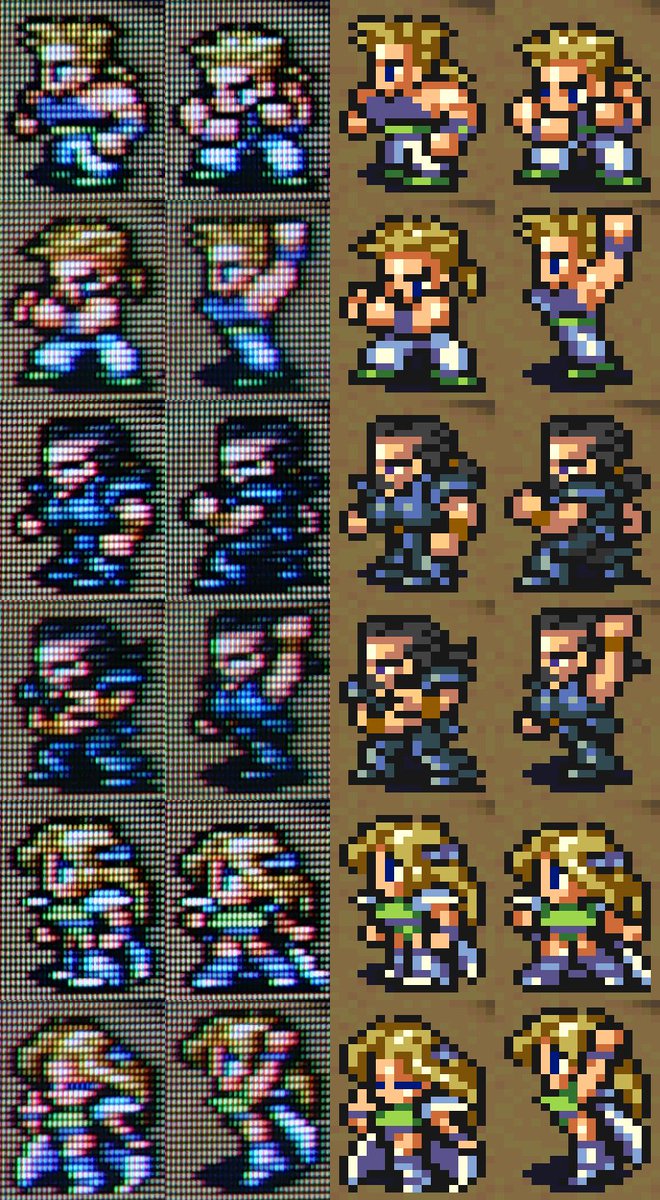 Ruuupu ブラウン管tvで観るドット絵 その53 Sfc Ff6 マッシュ カイエン セリス 使用crt Kv 14af1 14インチ 昨日に引き続き登場キャラクターのドット絵です マッシュの武闘家らしい魔法詠唱ポーズも良いですが やはりセリスの片足を上げた魔法詠唱ポーズ