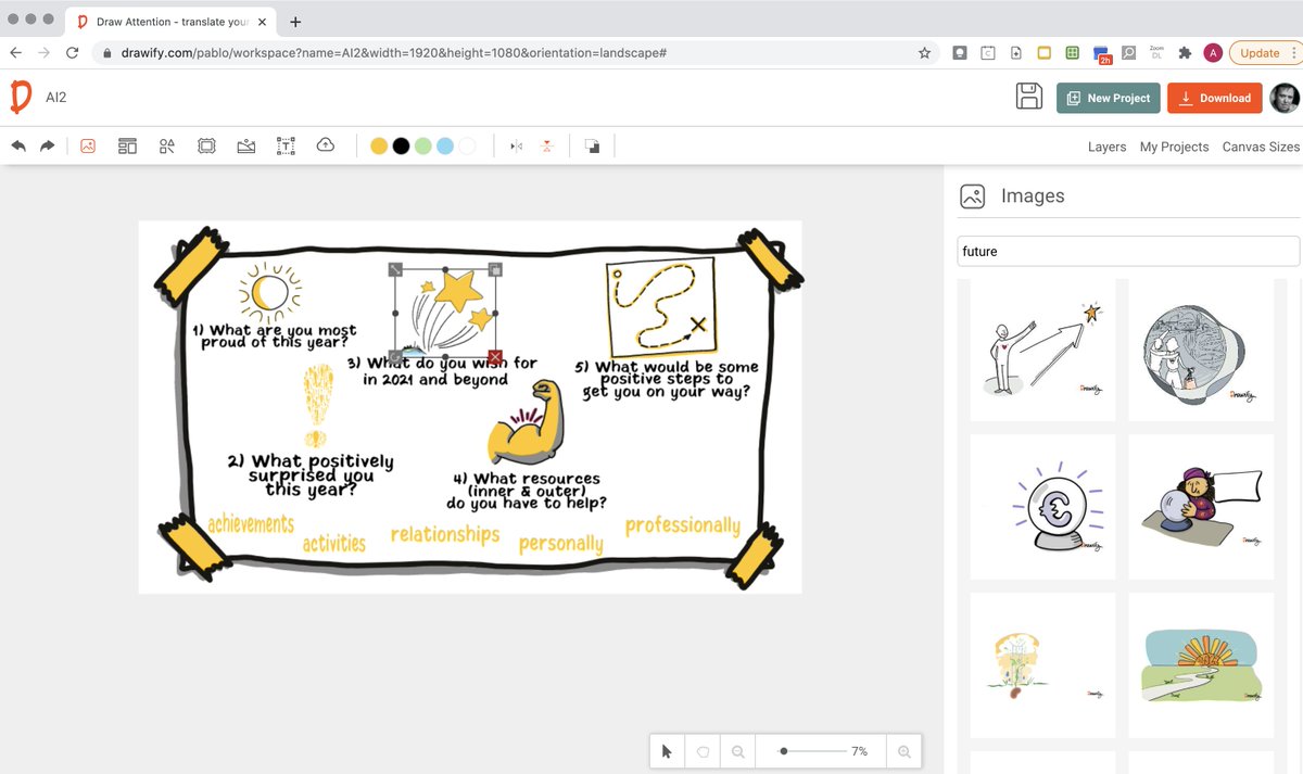 Whilst I have been creating drawings for Drawify.com,I have not used for my own #Facilitation work so far. Today I am doing a reconnect for a group that have not met for a year &amp; rustled up this quick activity in about 5 minutes. Easy to add images, text and recolour!
