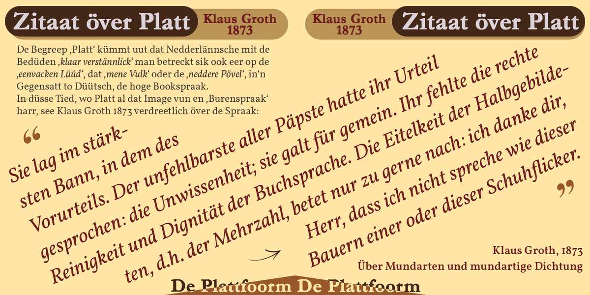 Plattfoorm's tweet photo. Zitaat vun de Week över Platt kümmt vun Klaus Groth himself uut dat Jaar 1873 as Platt al as Burenspraak gell.
#platt #plattdüütsch #plattdütsch #plattdeutsch #niederdeutsch #nedderdüütsch #neddersassisk #lowsaxon #lowgerman #plattfoorm https://t.co/jByS1IT1yx