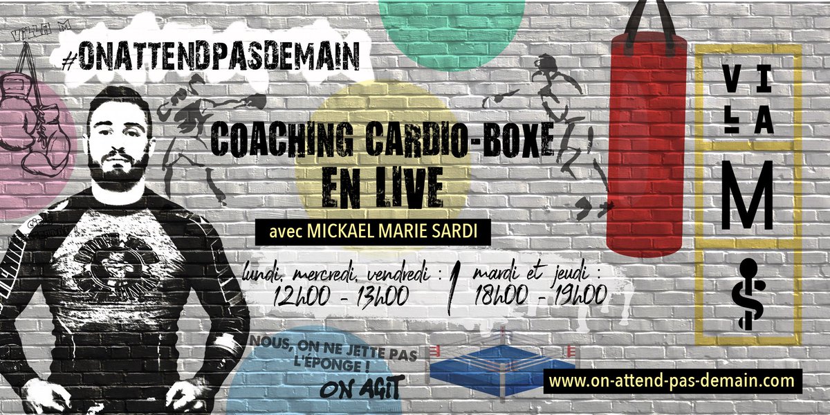 AttendPasDemain's tweet photo. #onattendpasdemain pour faire du sport ! Pour lutter contre la sédentarité, Villa M propose des cours de #cardioboxe en #live sur la page Facebook de Villa M 🥊
#sportsante #prevention #teletravail
@Elisabeth_Borne @olivierveran @RoxaMaracineanu @mairie15 @Paris2024 @FF_Boxe ⬇️ https://t.co/i9URtbP9sH