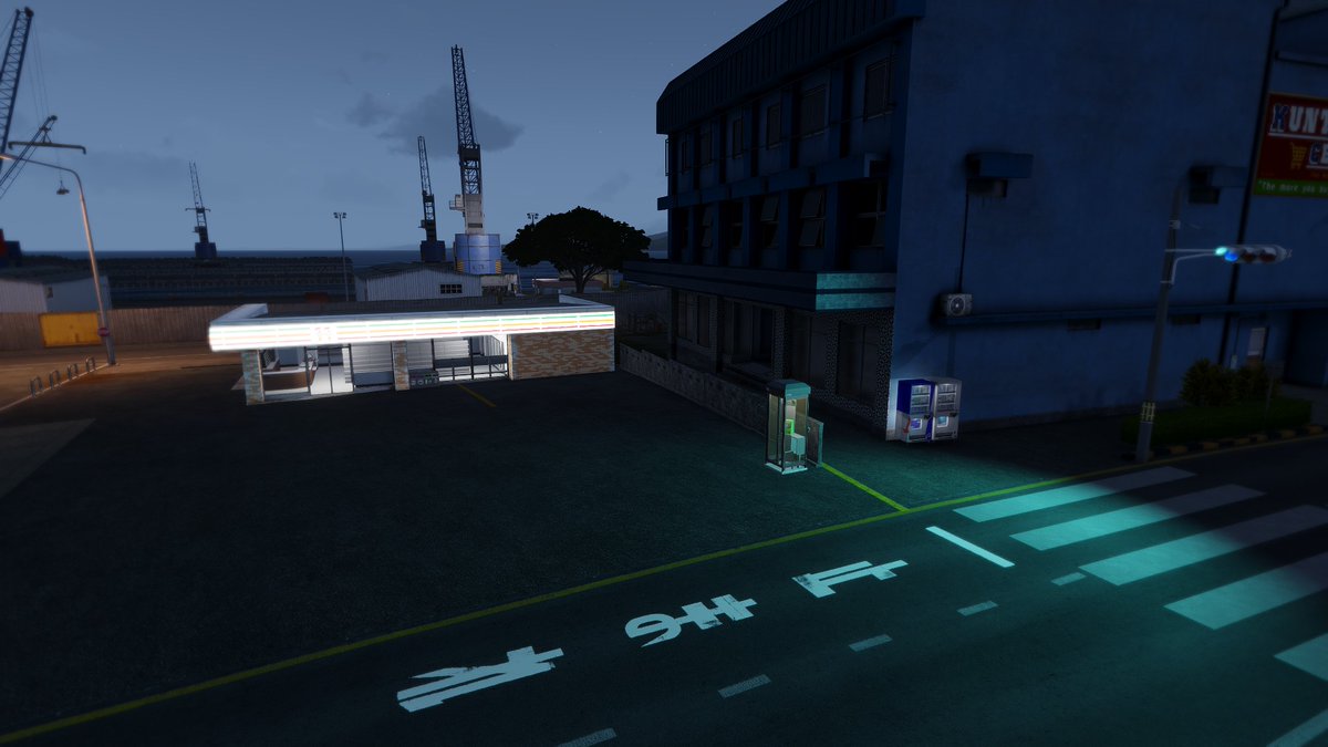 苔石 コンビニのライティングはほとんどできた ドアの開閉アニメーションとかガラスの破壊アニメーションは毎度のごとくうまくいかない ついでになんとなく今まで作ったやつをタノアに置いてみた Jprops Arma3