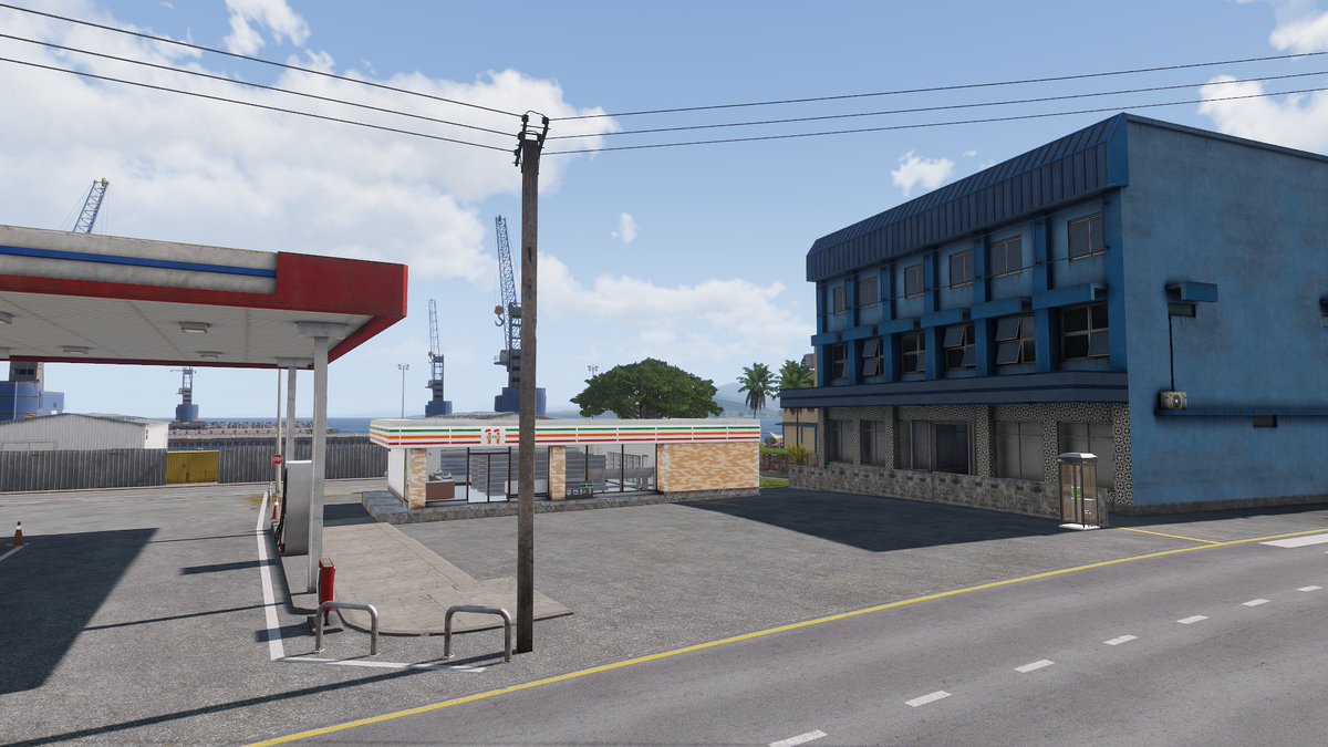 苔石 コンビニのライティングはほとんどできた ドアの開閉アニメーションとかガラスの破壊アニメーションは毎度のごとくうまくいかない ついでになんとなく今まで作ったやつをタノアに置いてみた Jprops Arma3