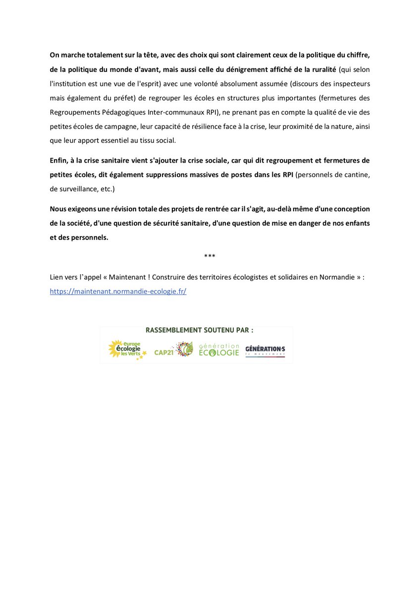 👩🏽‍🏫💼📢 Communiqué de presse - Projet de #rentree2021 : Danger pour nos enfants et pour les personnels 📢🎒🙋‍♂️

#Education #Normandie