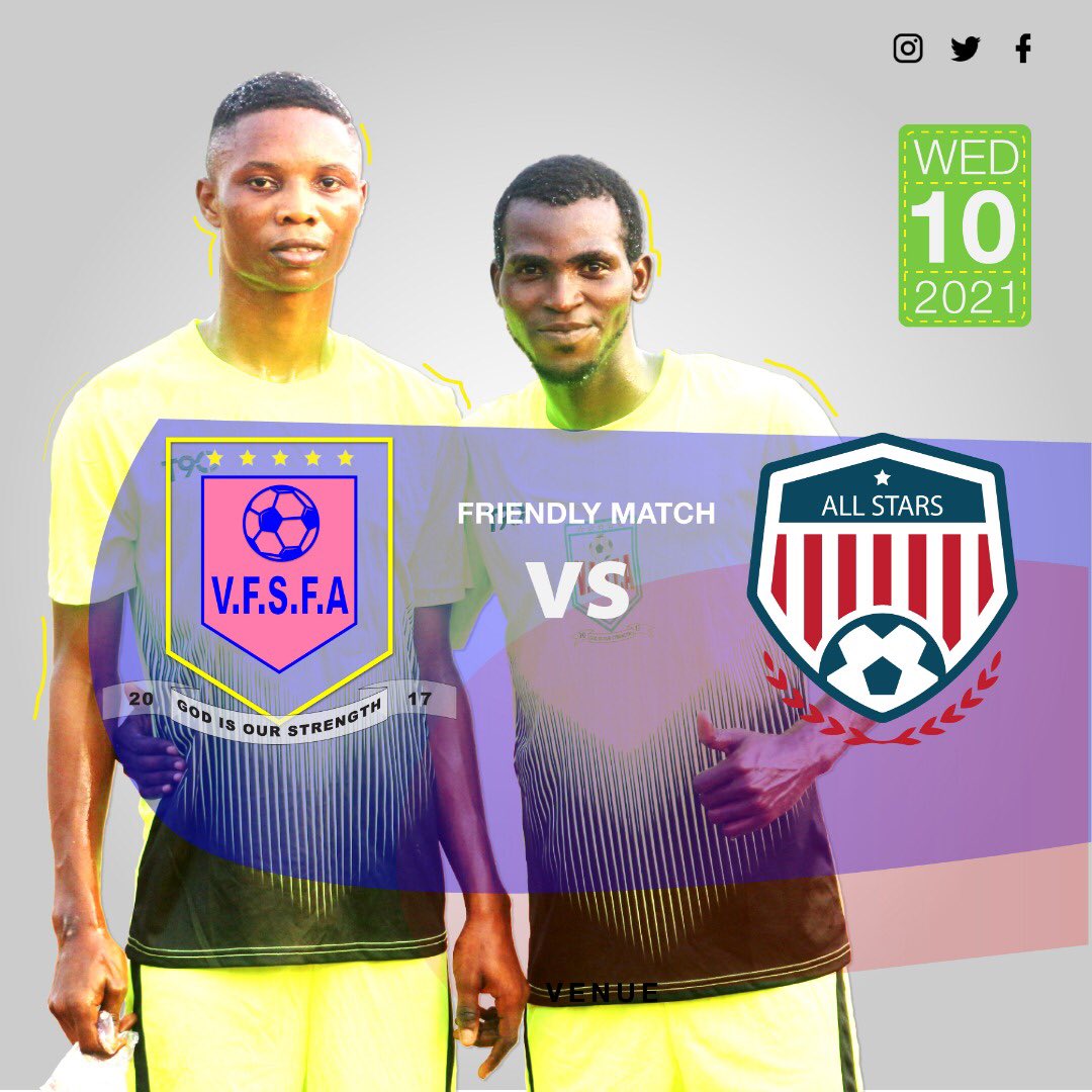 vfsacademy's tweet photo. Friendly match at home Vs All Stars FC.
Date: 10 February, 2021
Time: 3:00pm
Venue: Powerline Pitch, Baruwa, Lagos.
#VFSA #IkejaLeague2021 #Fifa #Football https://t.co/oKDoxPJroN