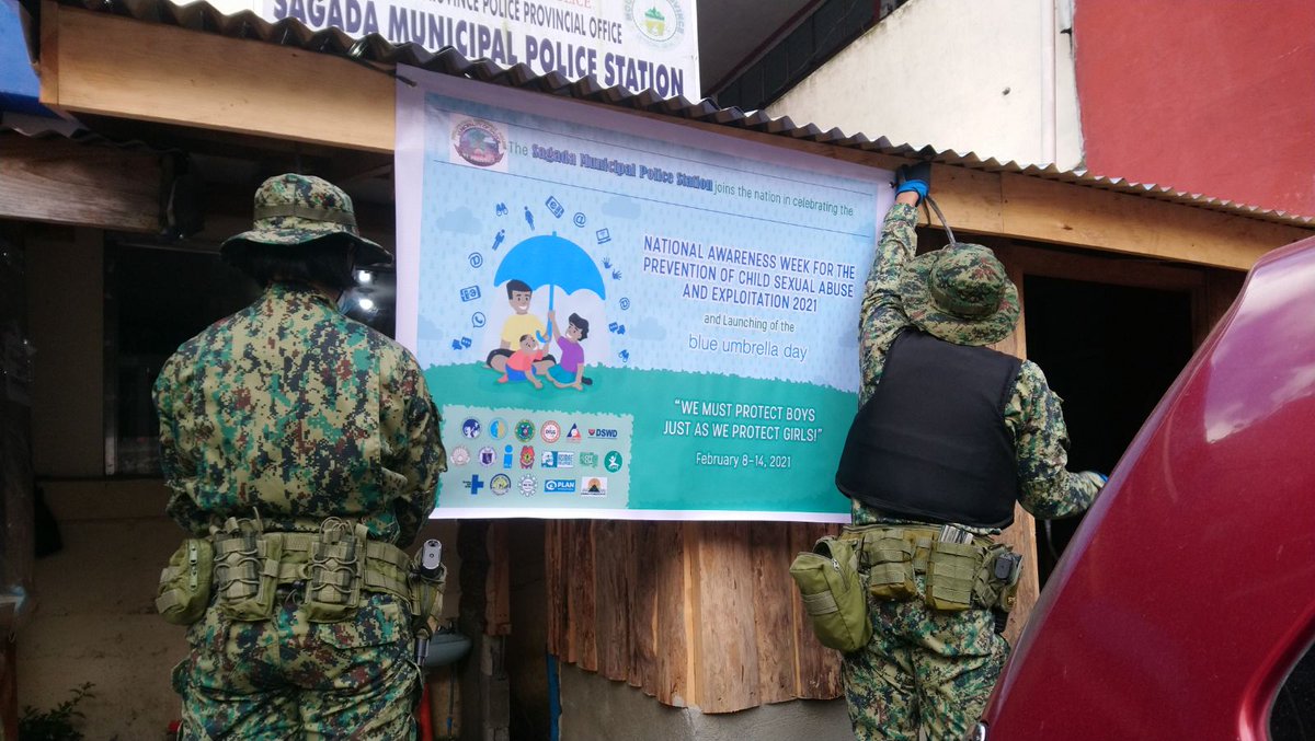 PNPSagada's tweet photo. National Awareness Week for the Prevention of Child Sexual Abuse and Exploitation 2021 and Launching of the Blue Umbrella Day with a theme “We Must Protect Boys Just as We Protect Girls”.
#notochildsexualabuse
#notochildexploitation https://t.co/GMyKDA7X04