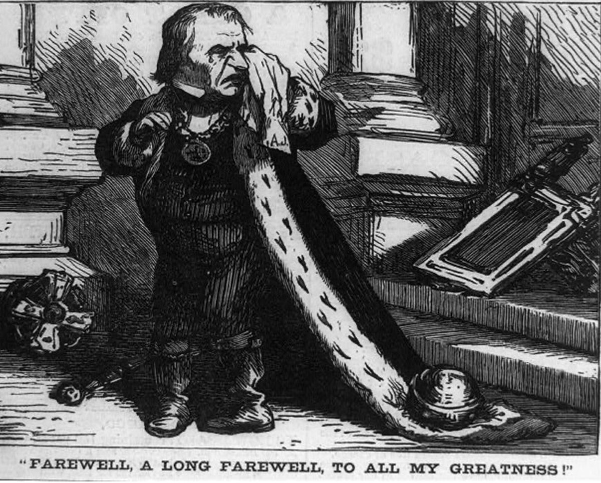 BeschlossDC's tweet photo. “Farewell, A Long Farewell, To All My Greatness!”—the impeached President Andrew Johnson on departure from office, cartoon in Harper’s Weekly, 1869: https://t.co/hrY96qwhGW